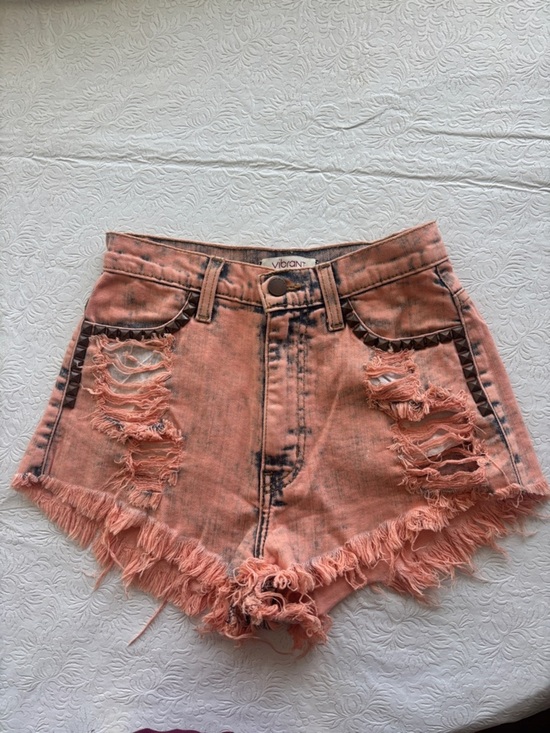 Vibrant M.I.U Pants - Vibrant M.I.U. Coral Distressed High-Rise Denim Shorts, Size Small